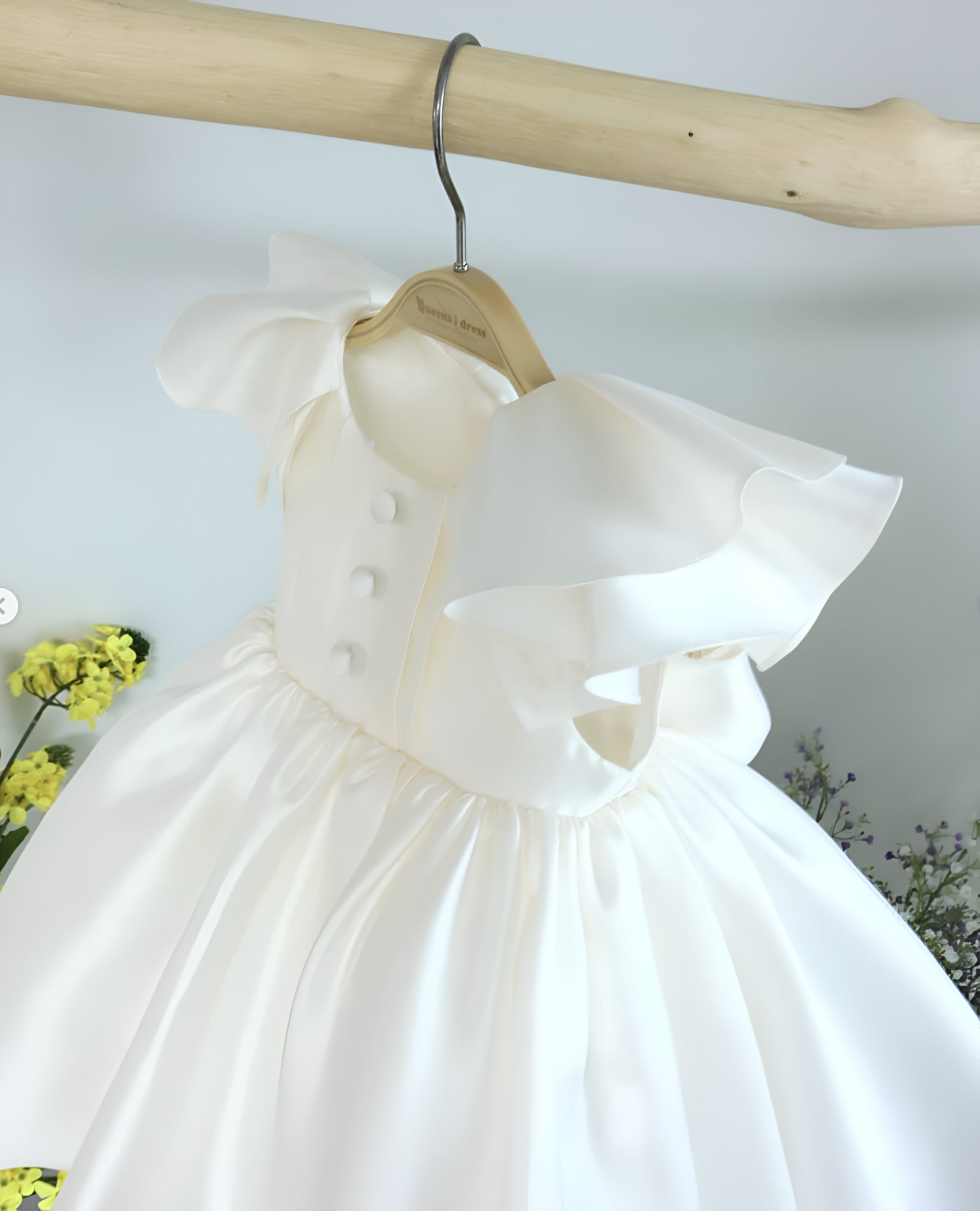 Thalita Elegant White Ceremony Dress – Premium Mikado Taffeta with Ruffles and Decorative Buttons