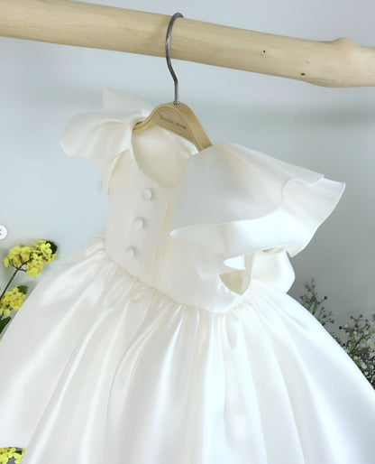 Thalita Elegant White Ceremony Dress – Premium Mikado Taffeta with Ruffles and Decorative Buttons