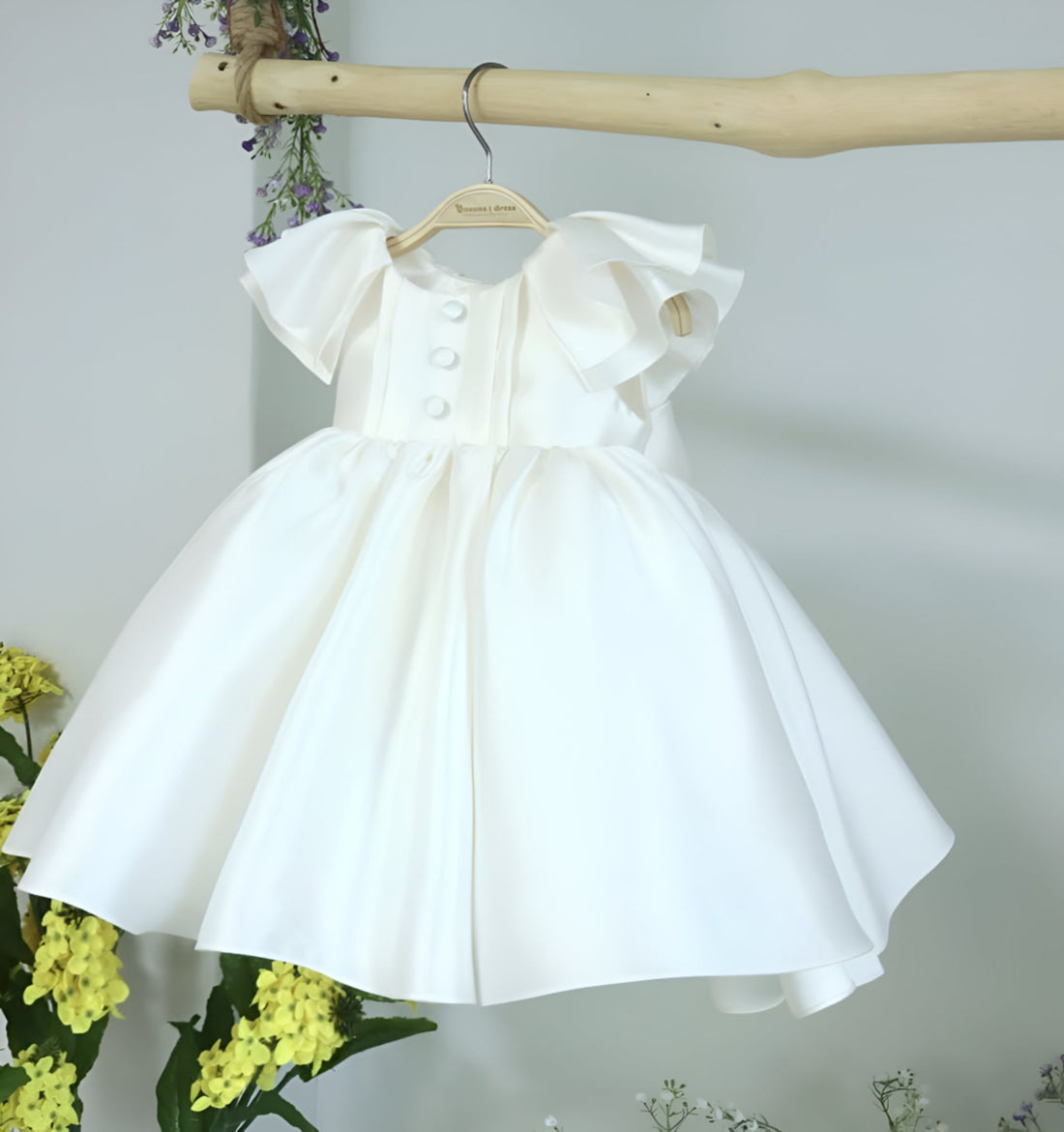 Thalita Elegant White Ceremony Dress – Premium Mikado Taffeta with Ruffles and Decorative Buttons