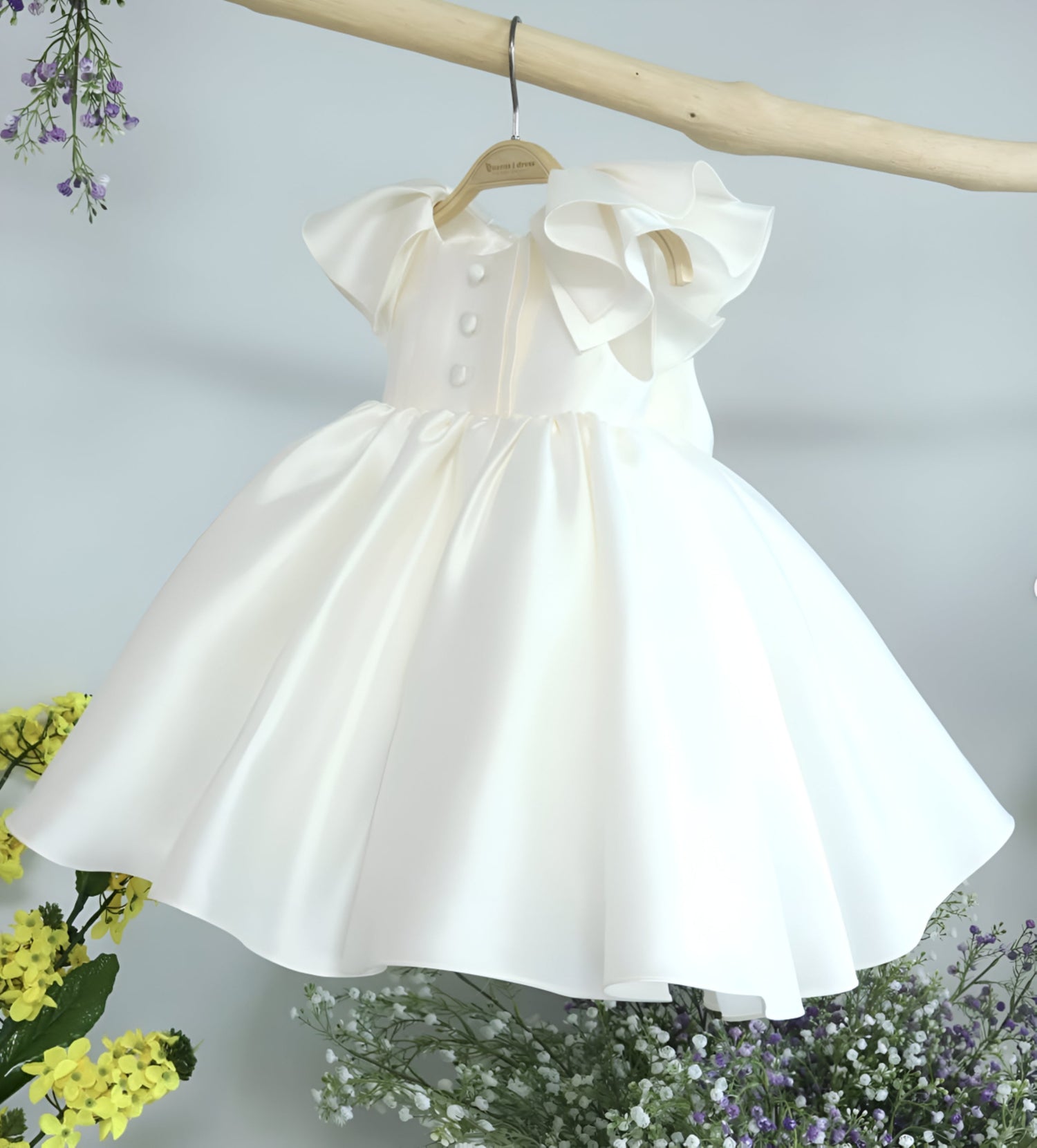 Thalita Elegant White Ceremony Dress – Premium Mikado Taffeta with Ruffles and Decorative Buttons