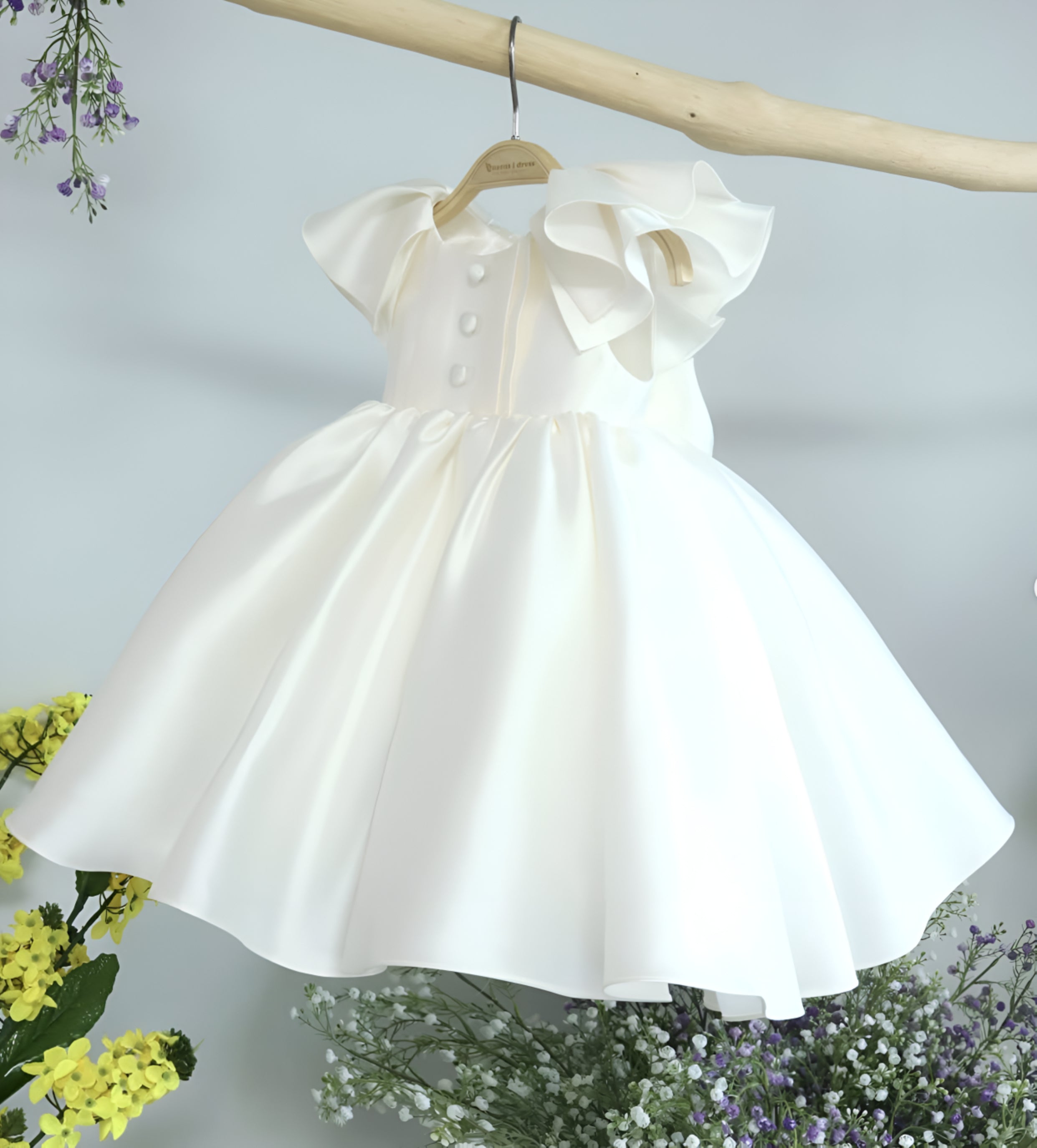 Thalita Elegant White Ceremony Dress – Premium Mikado Taffeta with Ruffles and Decorative Buttons