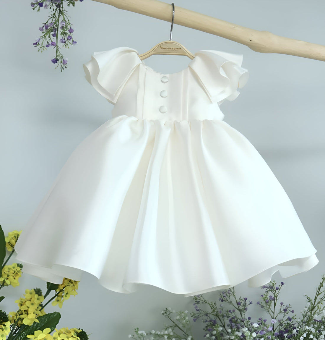 Thalita Elegant White Ceremony Dress – Premium Mikado Taffeta with Ruffles and Decorative Buttons