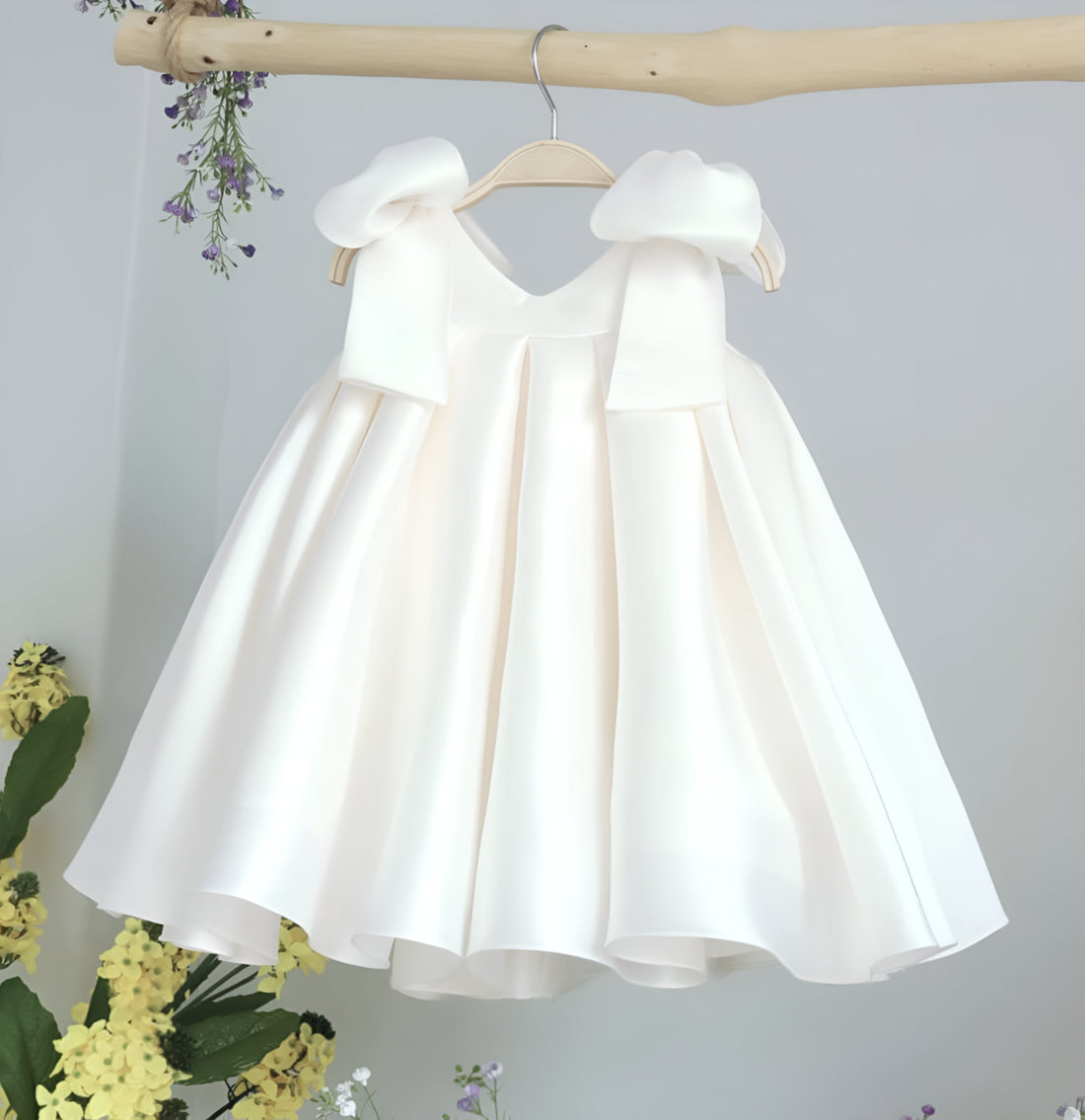 Kiara Elegant White Ceremony Dress – Premium Mikado Taffeta with Signature Shoulder Bows