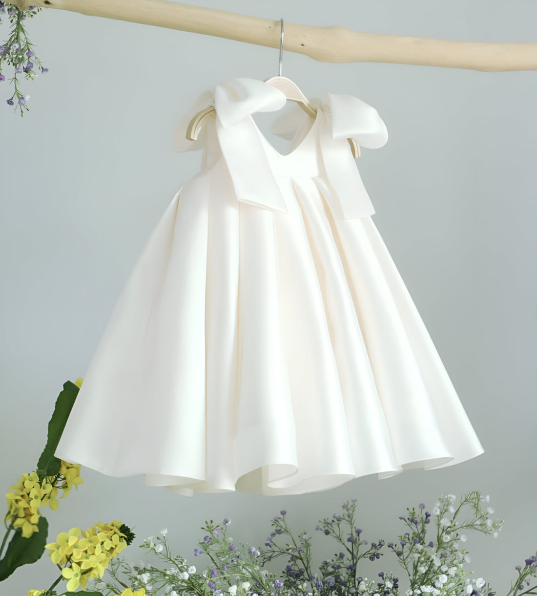Kiara Elegant White Ceremony Dress – Premium Mikado Taffeta with Signature Shoulder Bows