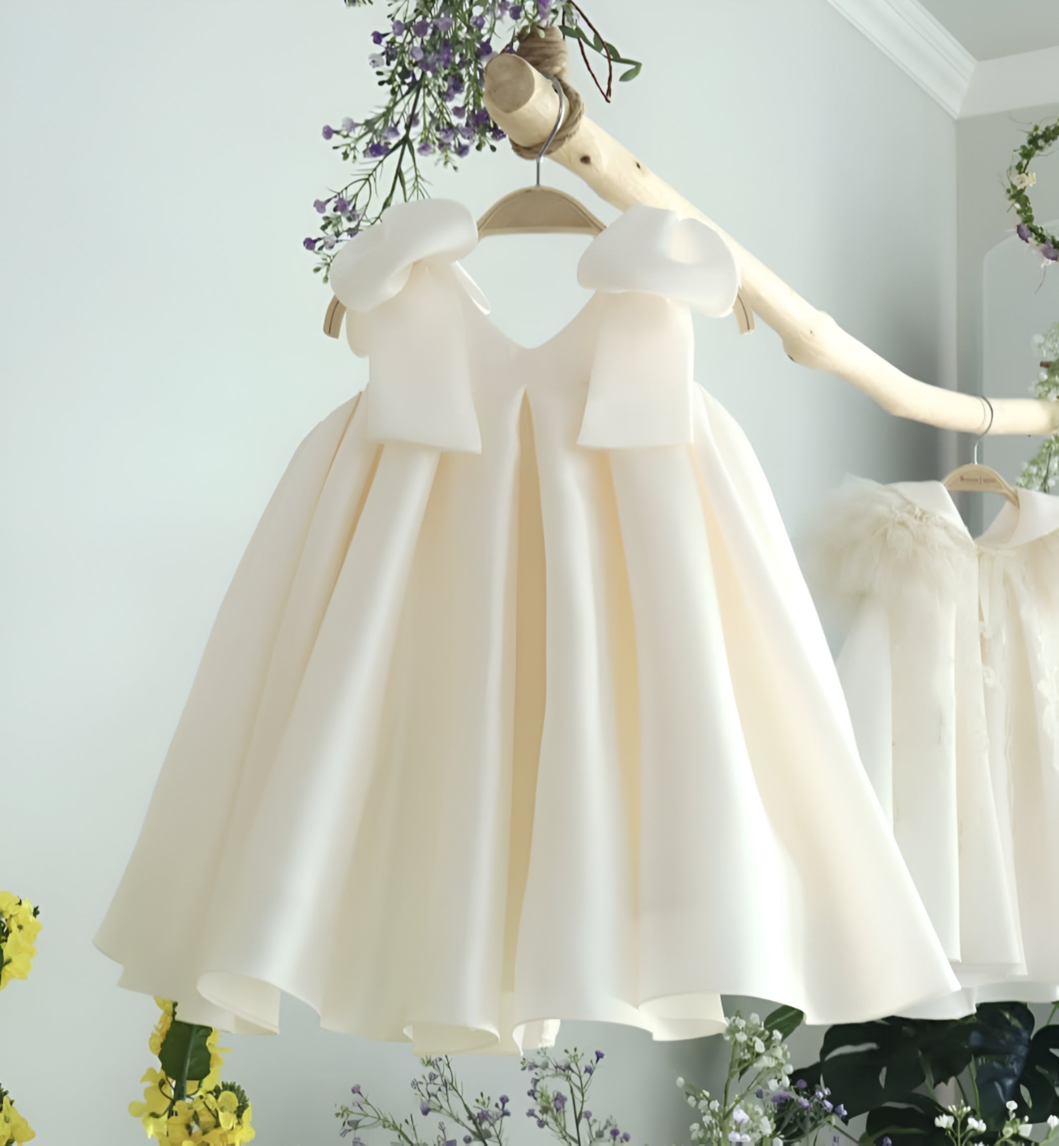Kiara Elegant White Ceremony Dress – Premium Mikado Taffeta with Signature Shoulder Bows