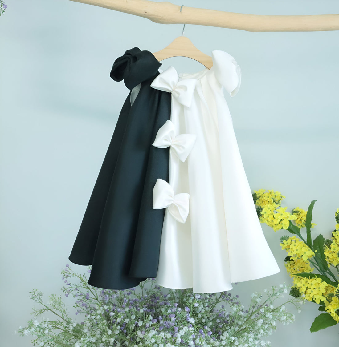 Harper Elegant White Gown – Premium Mikado Taffeta with Black &amp; White Contrast Bows