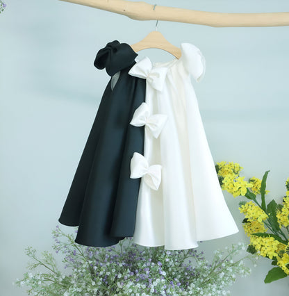 Harper Elegant White Gown – Premium Mikado Taffeta with Black &amp; White Contrast Bows