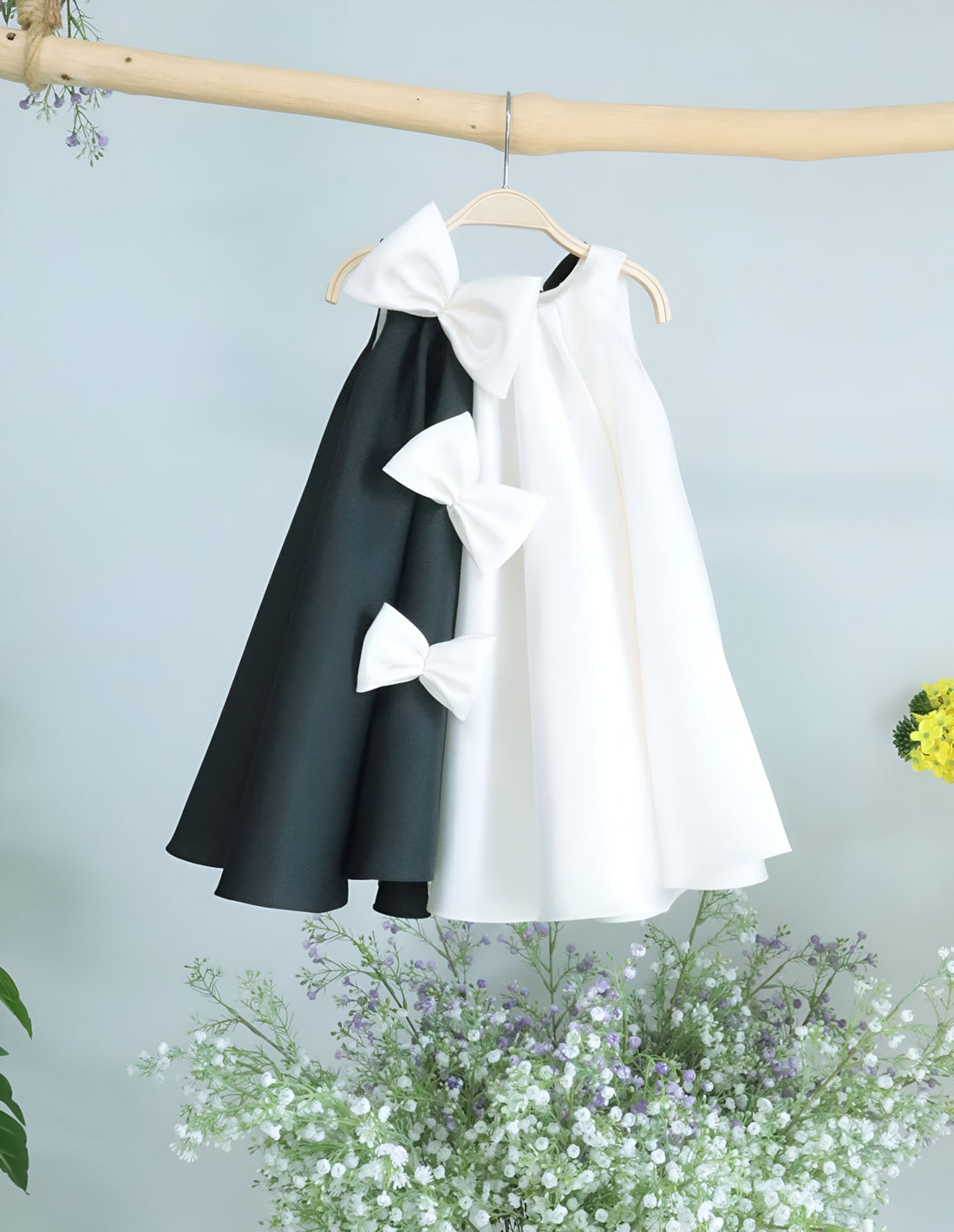 Harper Elegant White Gown – Premium Mikado Taffeta with Black &amp; White Contrast Bows