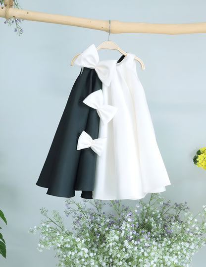 Harper Elegant White Gown – Premium Mikado Taffeta with Black &amp; White Contrast Bows