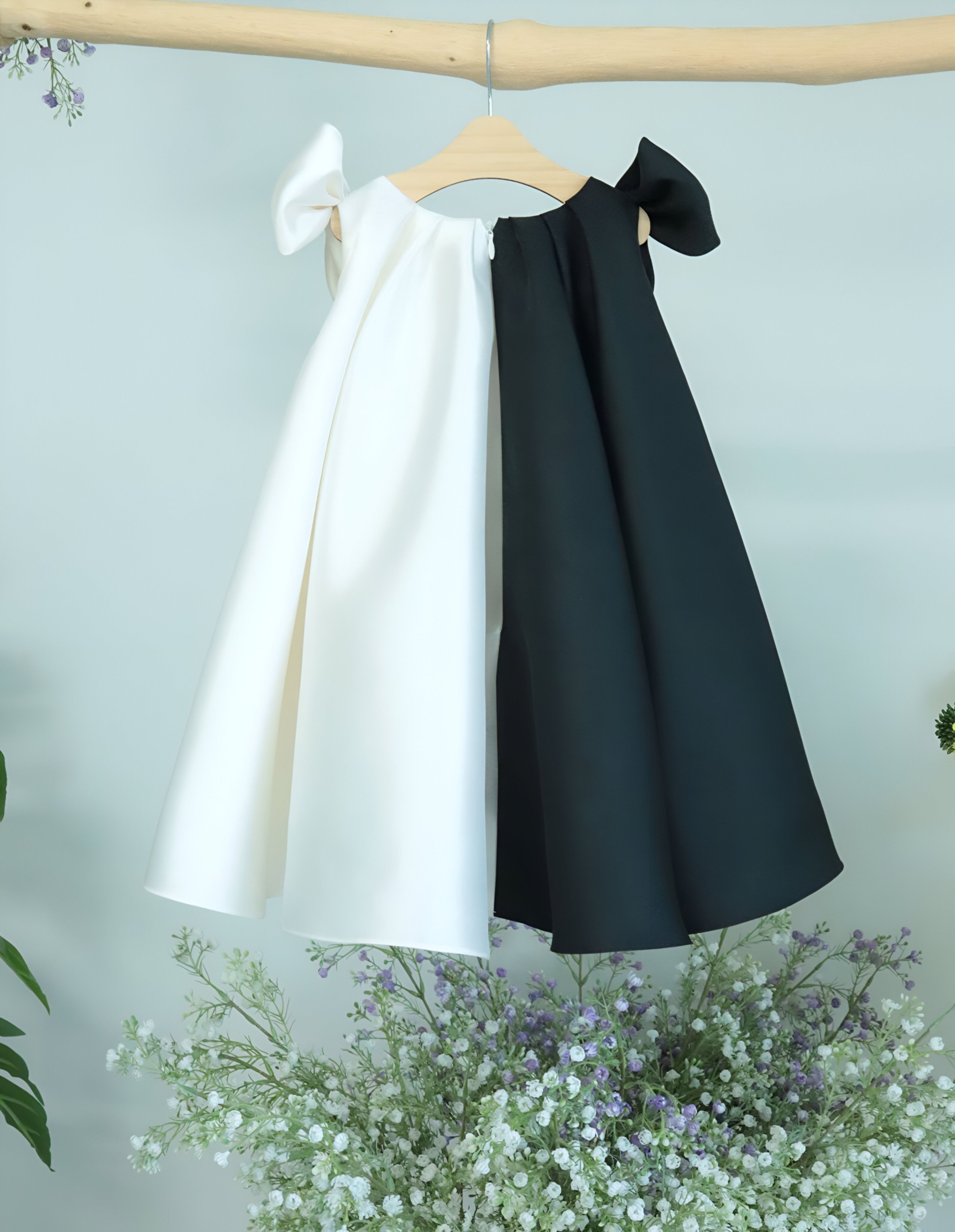 Harper Elegant White Gown – Premium Mikado Taffeta with Black &amp; White Contrast Bows