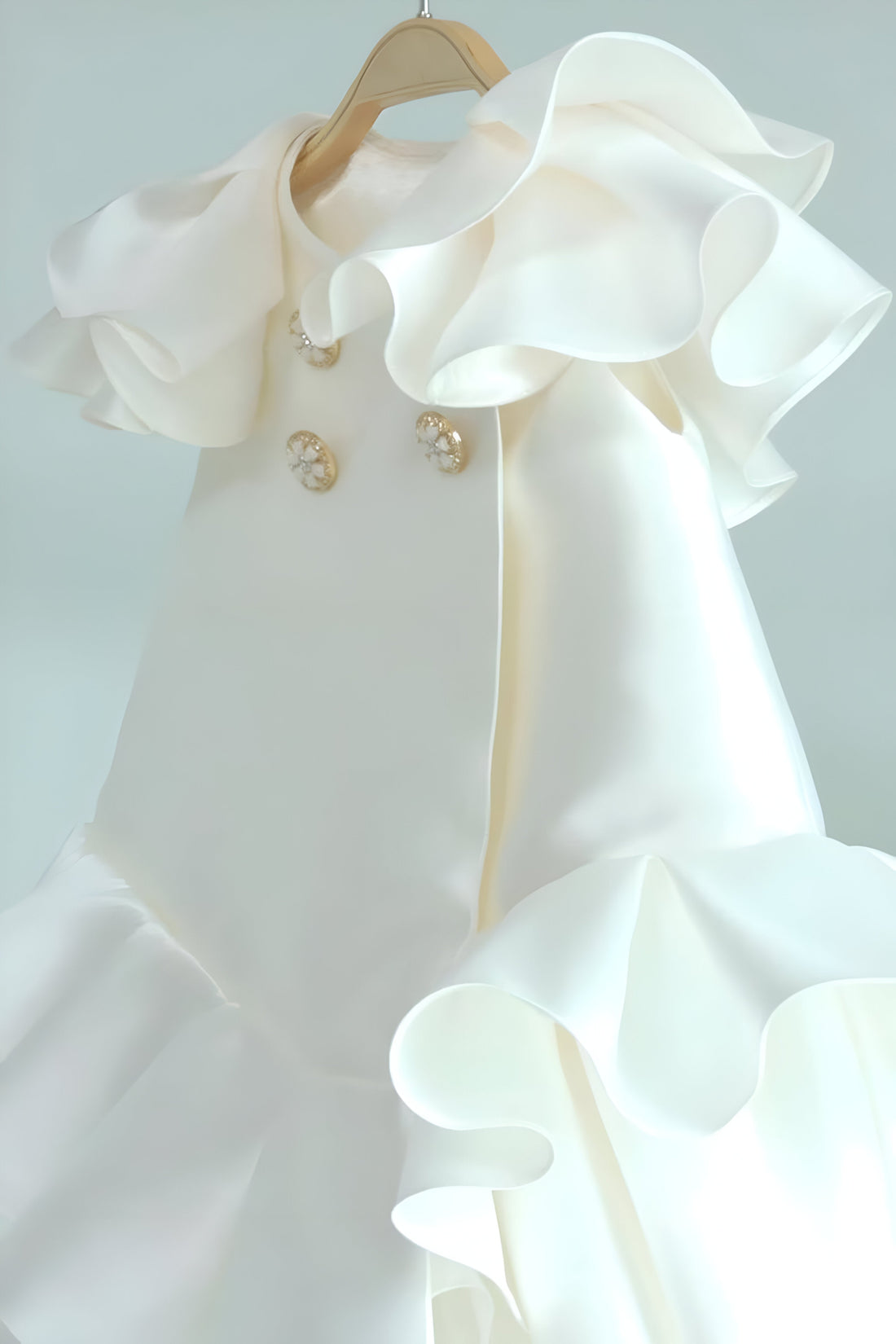 Marisol Elegant White Gown – Premium Mikado Taffeta with Gold Buttons and Ruffled Collar