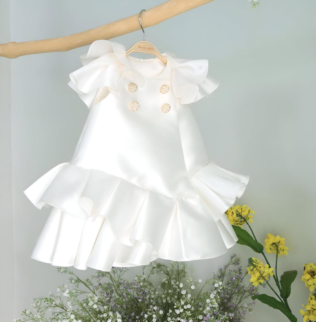 Marisol Elegant White Gown – Premium Mikado Taffeta with Gold Buttons and Ruffled Collar