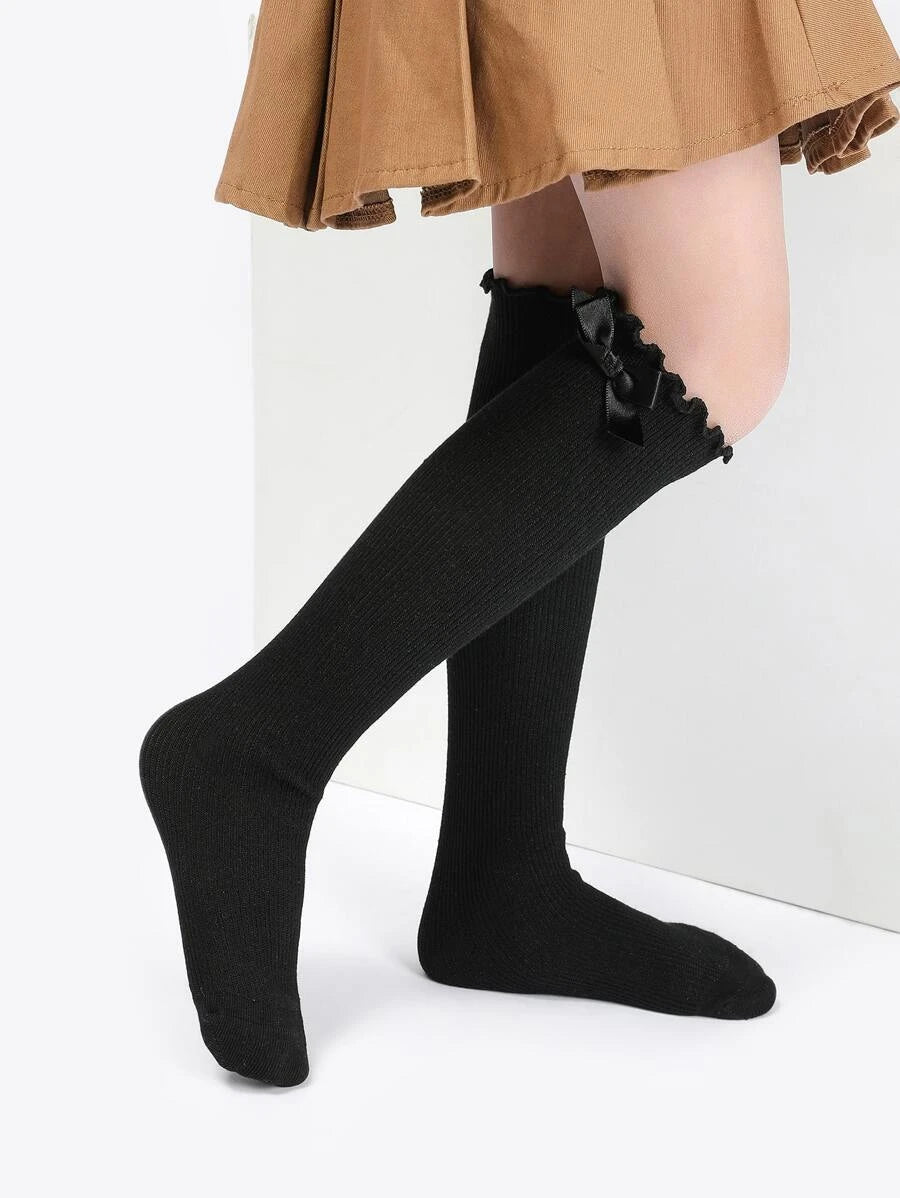Girls Knee High Black Socks with Bow