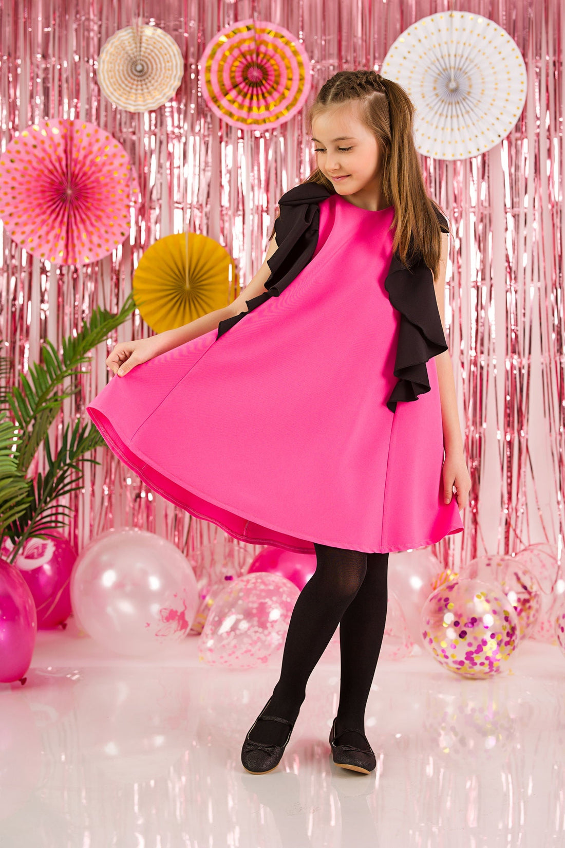 Pink Dress with Black Ruffles and Bows