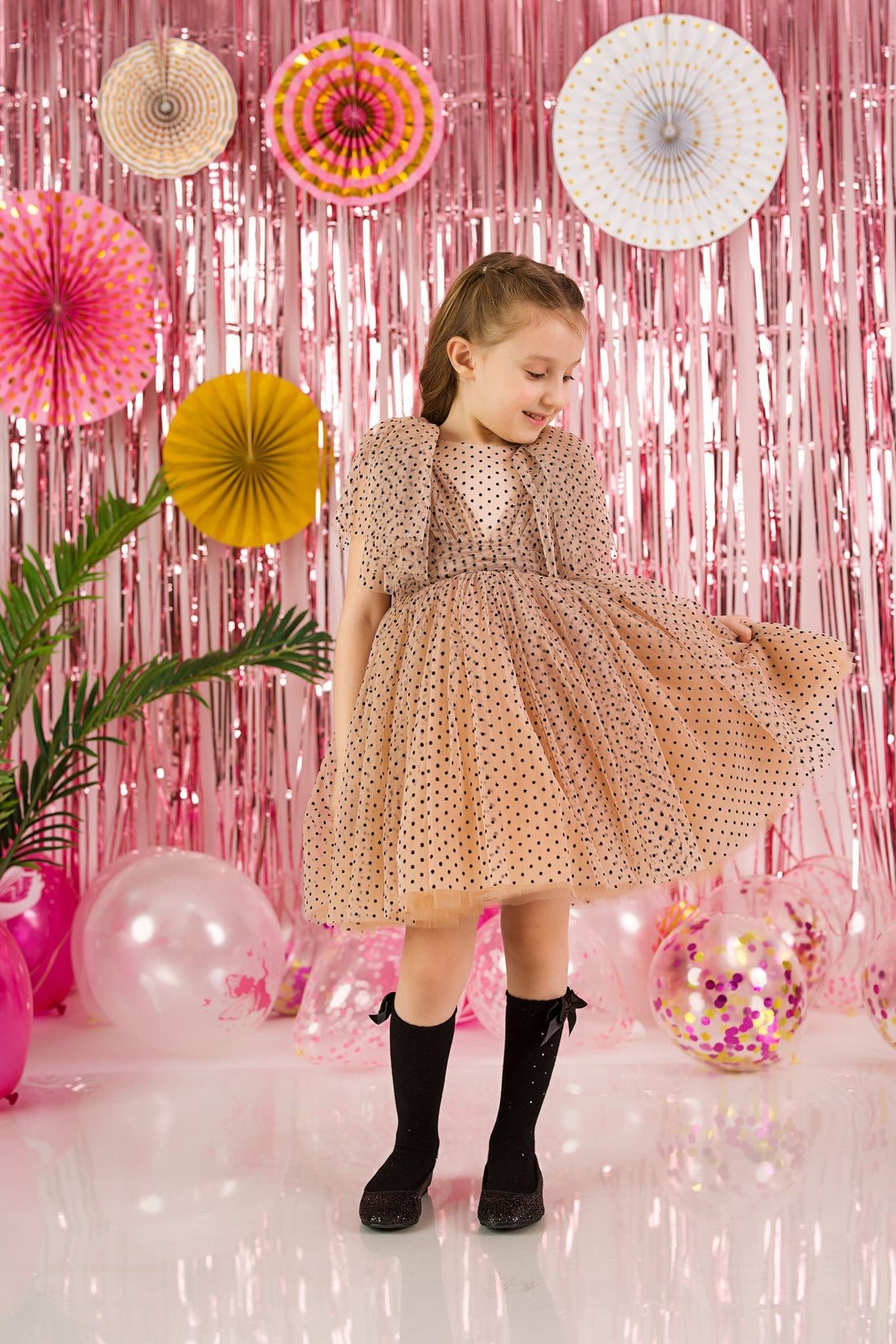 Nude Polka Dot Tulle Dress for Girls