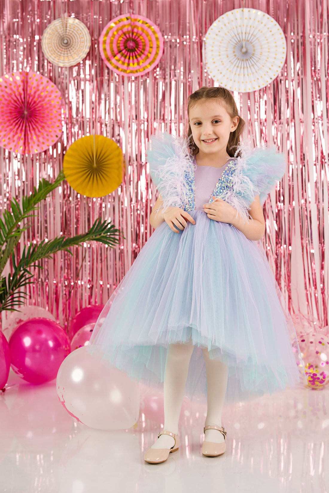 Feathers Gown with Train for Girls