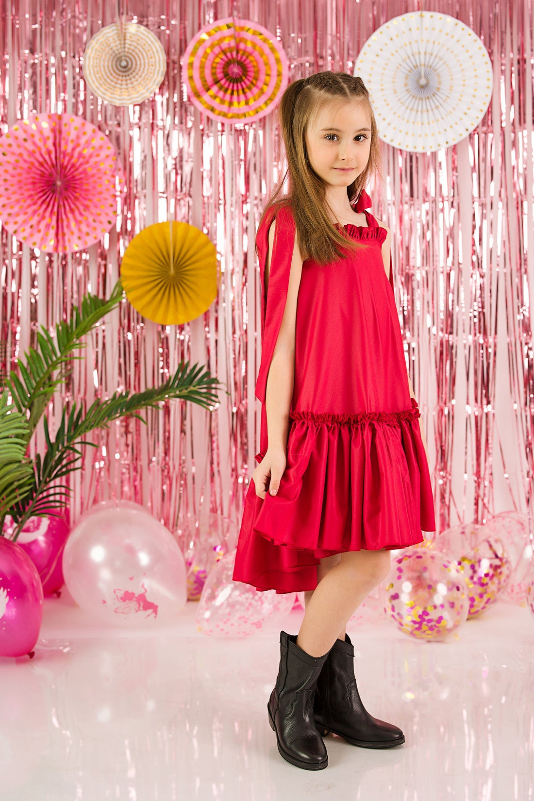 Red Airy Dress with Poplin Ruffles for Girls