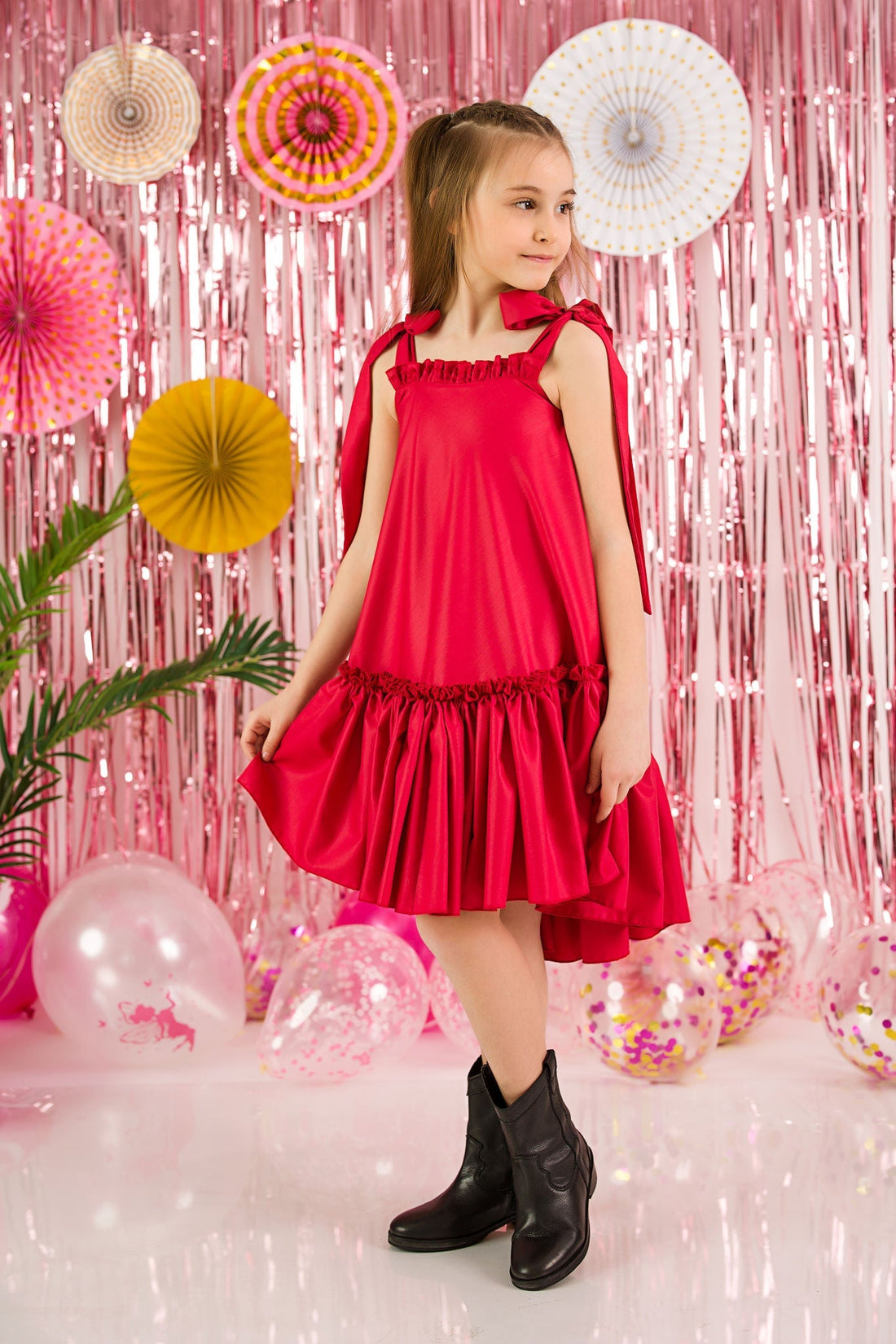 Charming Red Dress with Airy Feel and Poplin Ruffles for Girls