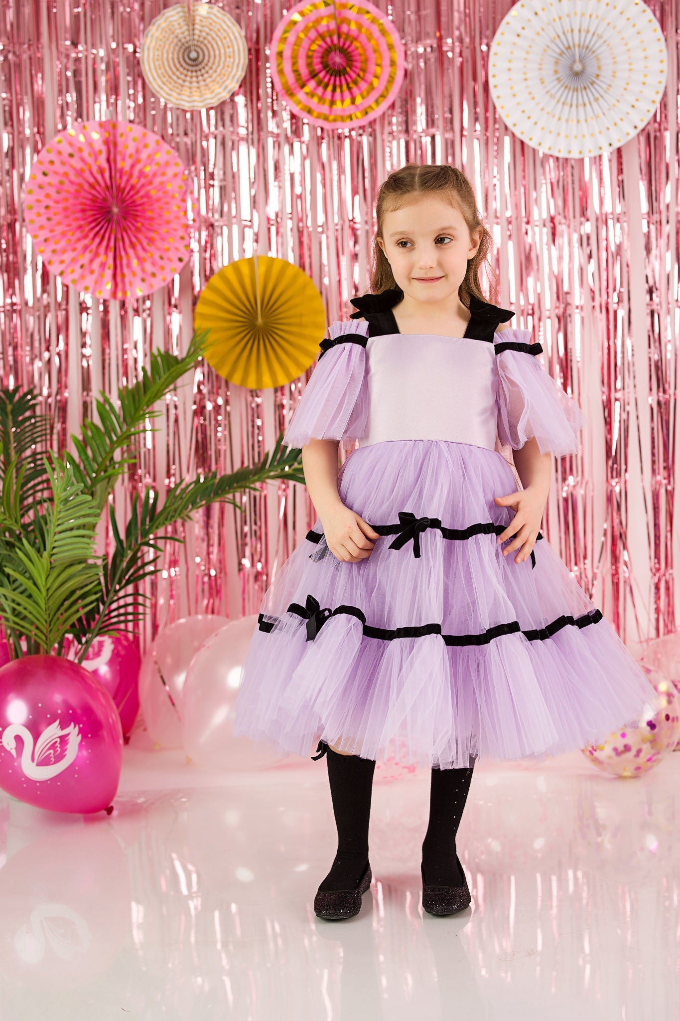 Charming Lilac Tulle Gown with Black Velvet Ribbon for Girls