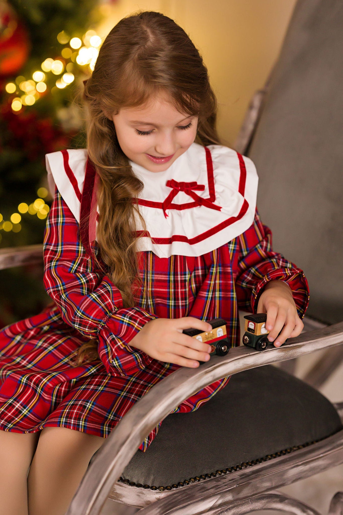 Red Check Dress with White Bib Collar for Girls