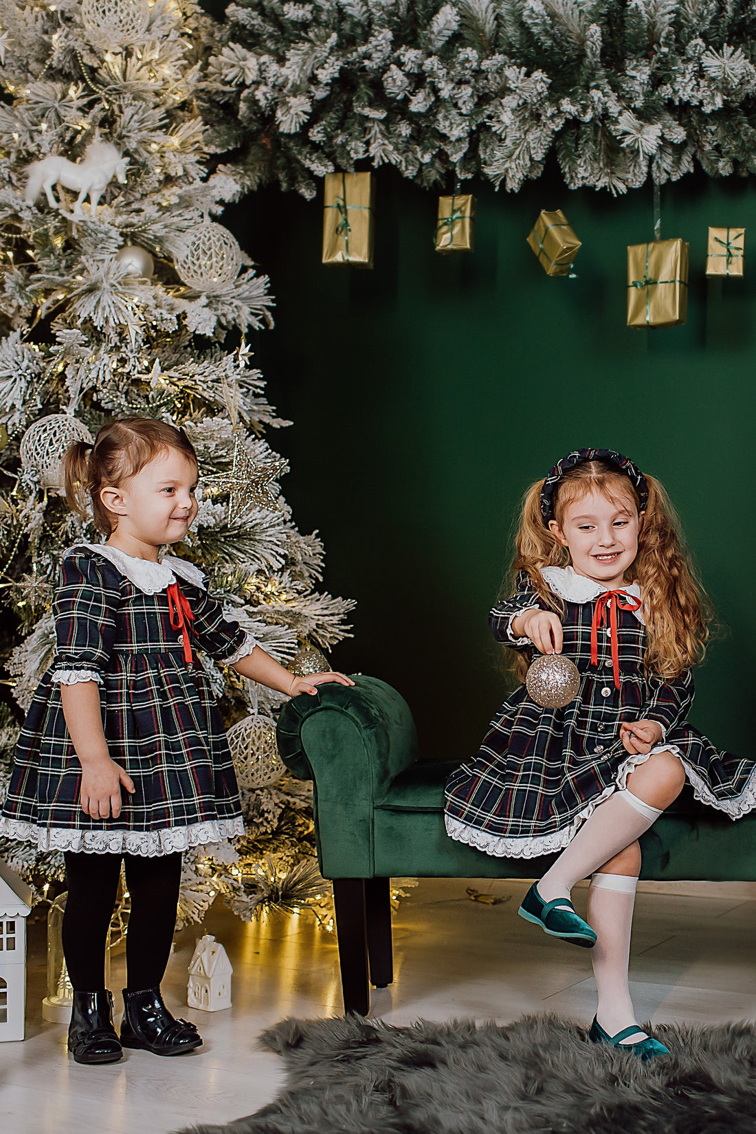 Green Check Dress with White Collar for Girls