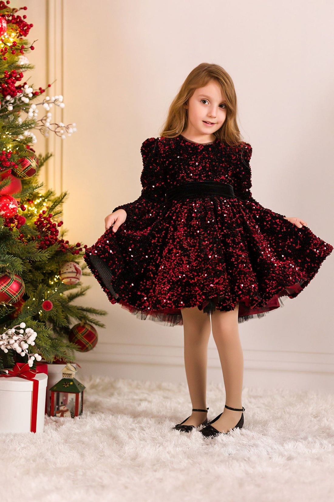 Red Sequin Velvet Dress for Girls