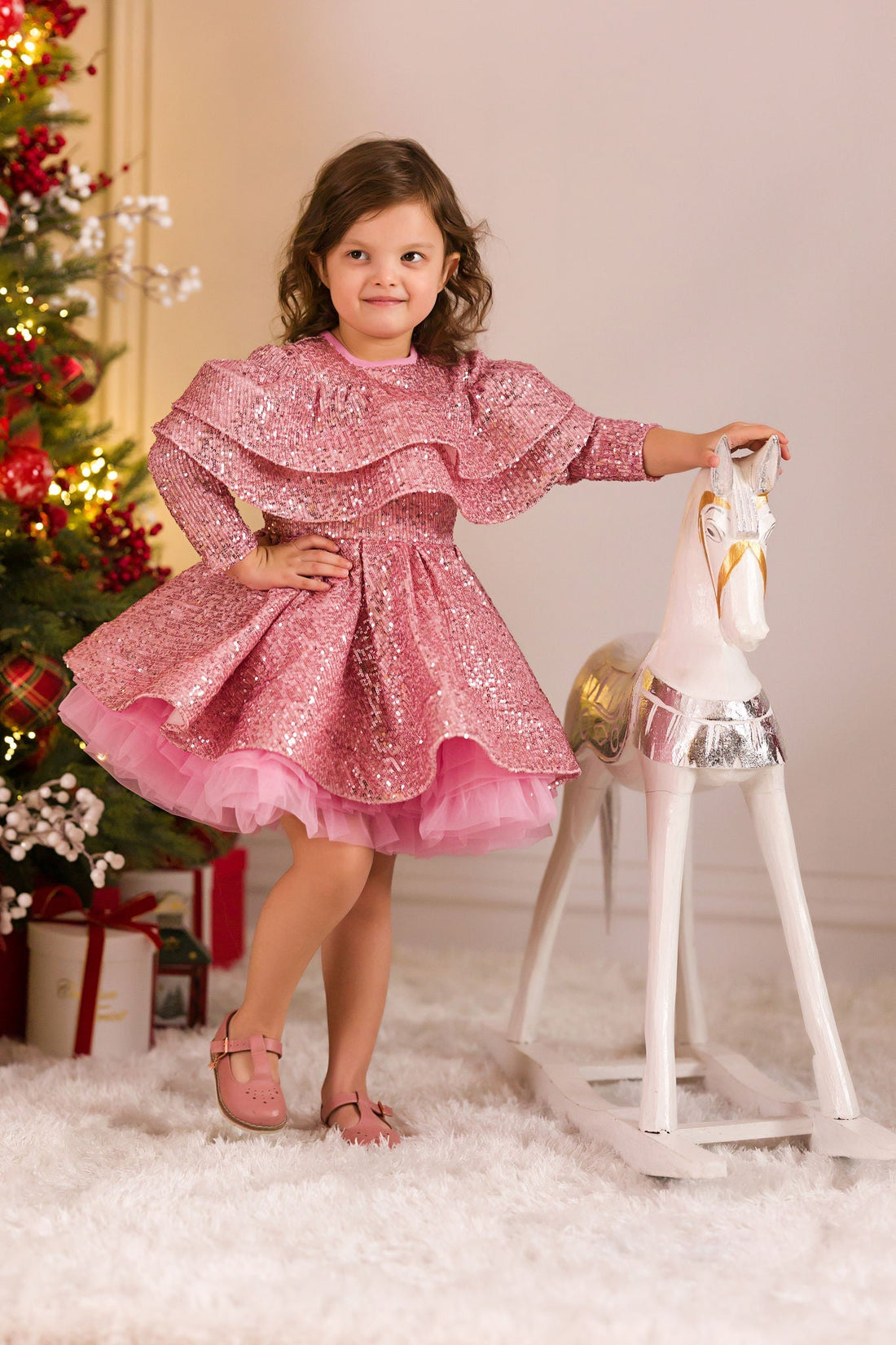 Pink Ruffled Sequins Dress for Girls