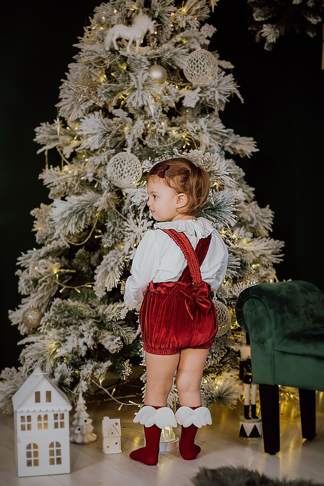 Red Velvet Short Dungarees with White Poplin Shirt