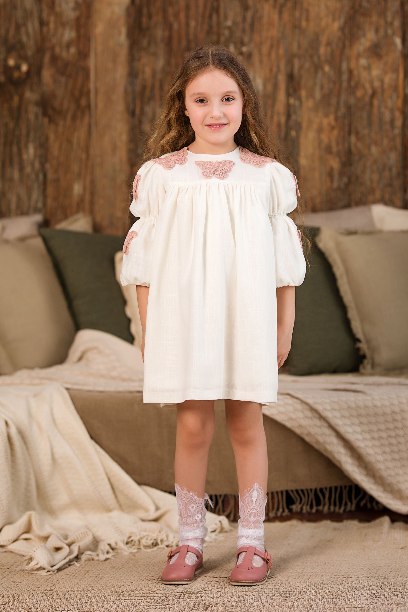 Ivory Dress with Pink Butterflies for Girls