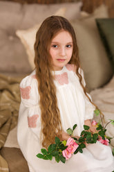 Ivory Linen Dress with Pink Butterflies for Girls