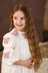 Charming Ivory Dress for Girls: Pink Butterflies