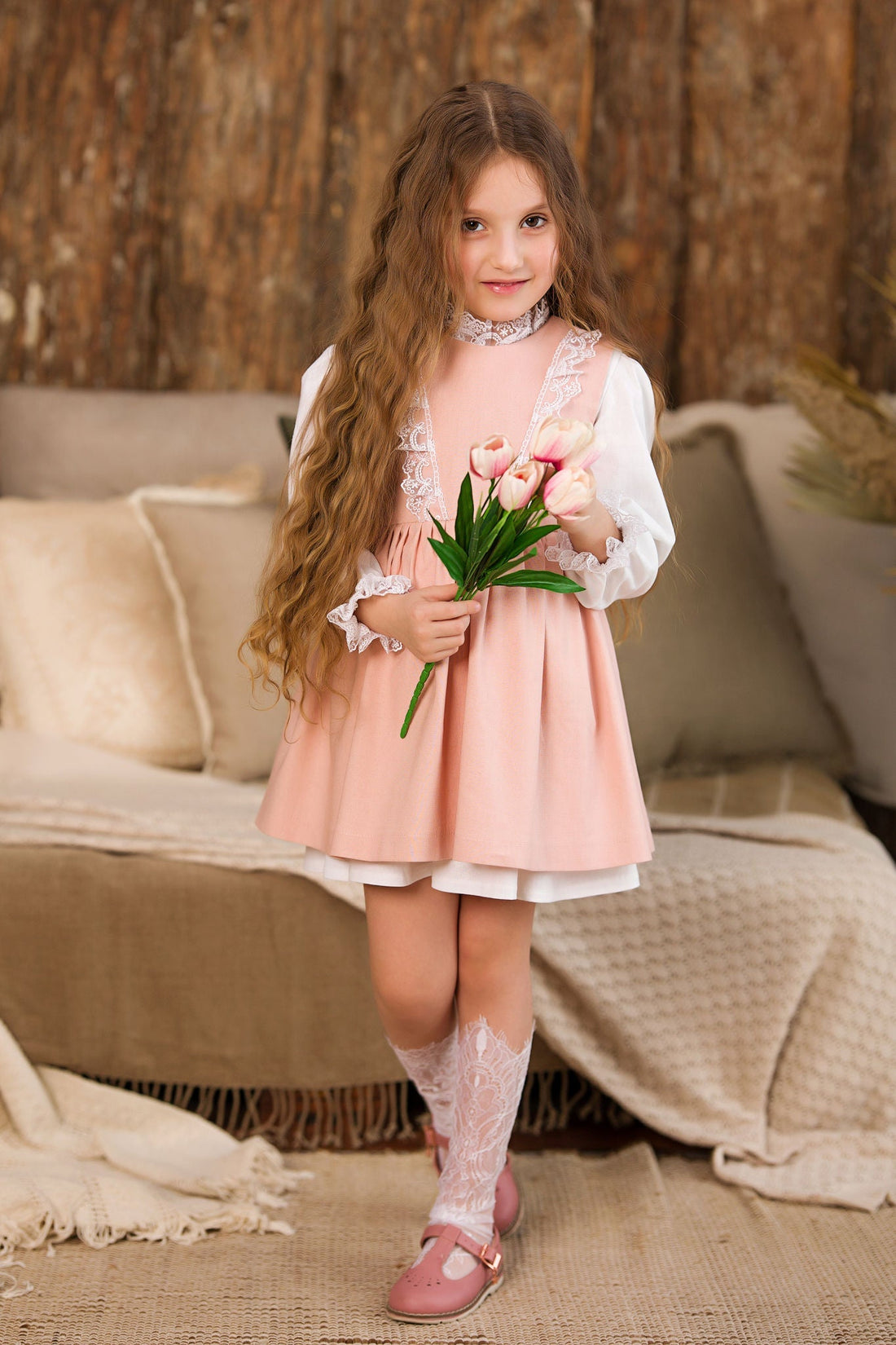 Vintage Pink Linen Dress for Girls