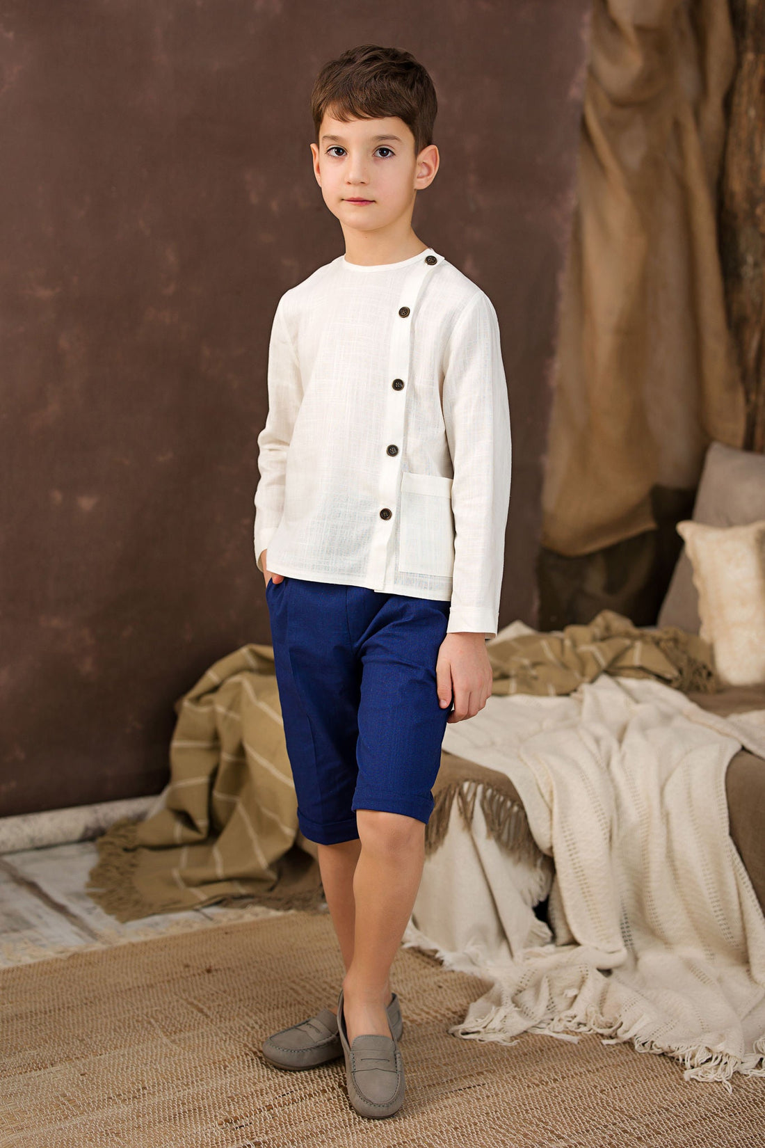 Boys White/Blue Linen 2 Piece Shirt and Shorts Se