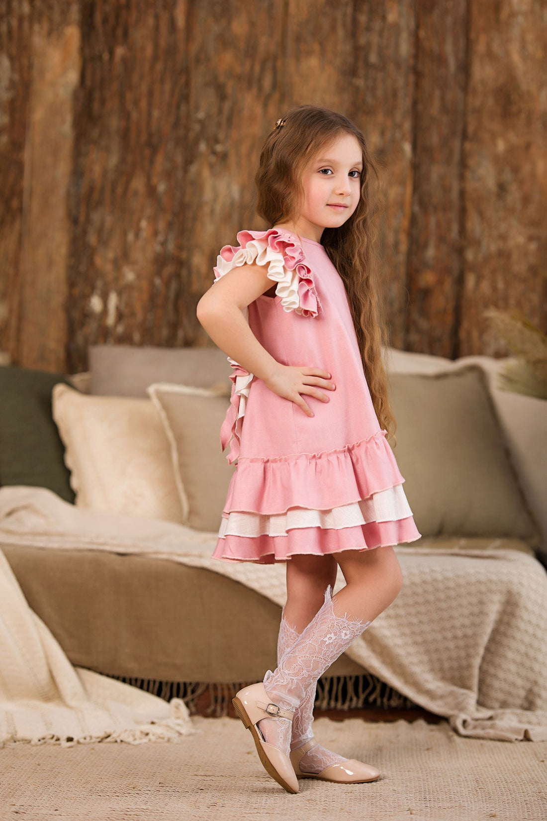 Ruffle Pink Linen Dress for Girls