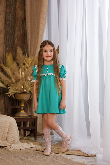 Charming Turquoise Linen Dress for Girls
