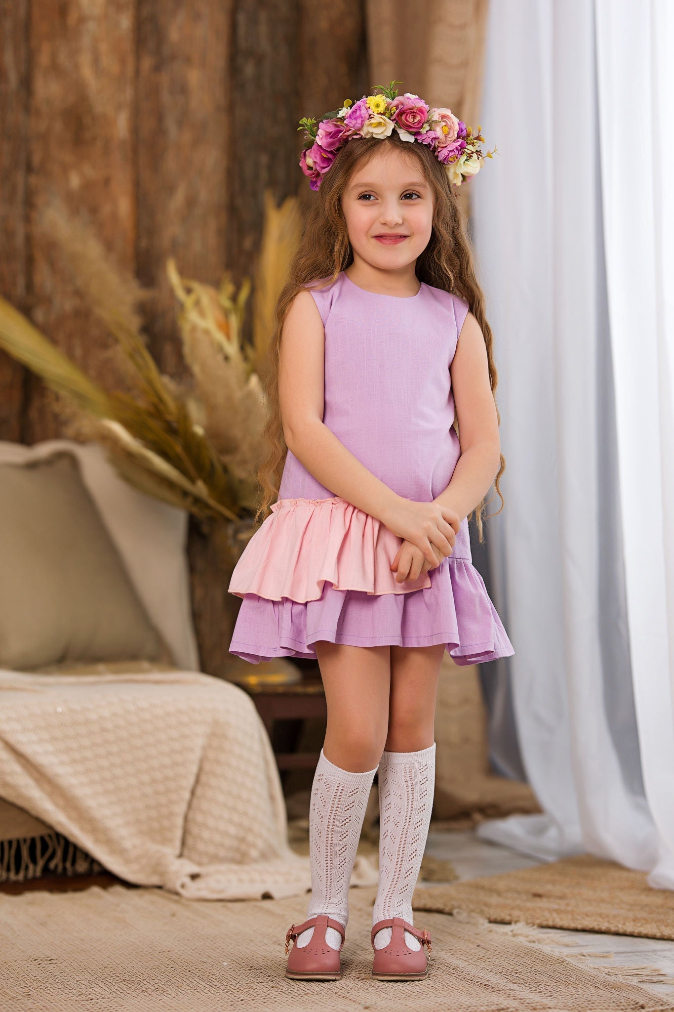 Charming Lilac Dress: Ruffled Linen for Girls