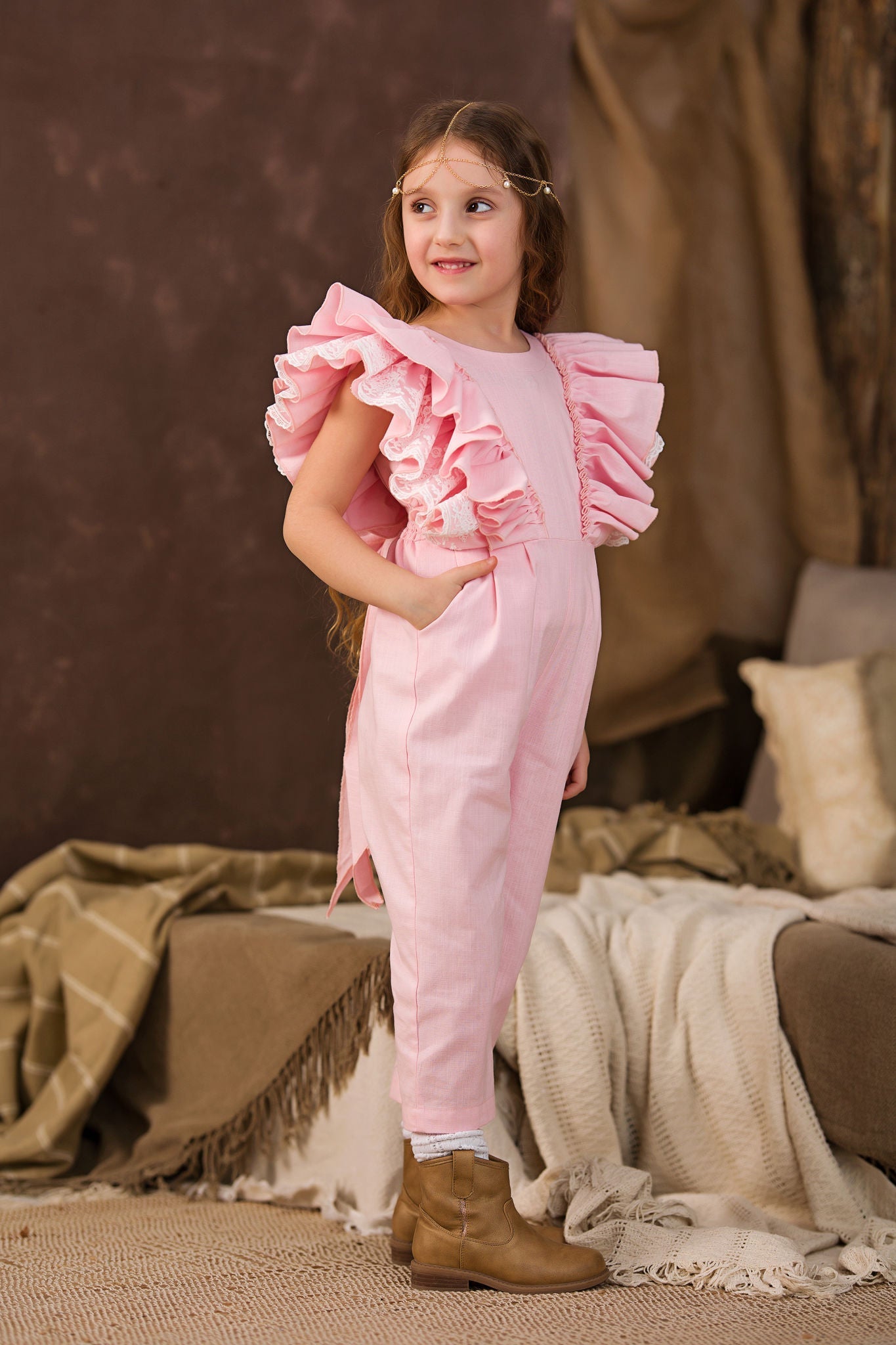 Charming Pink Jumpsuit: Linen with Ruffles and Lace for Girls