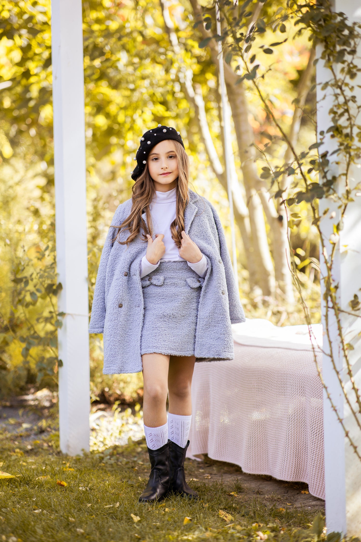 Coat and Skirt Set in Blue Bouclé Fabric