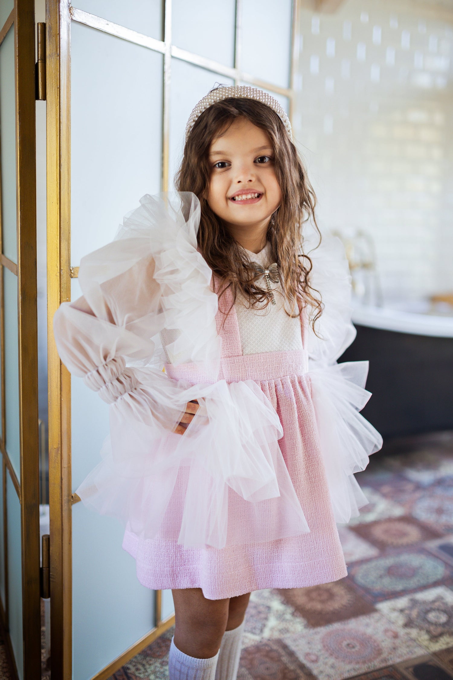 Dress in Pink Cotton &amp; White Tulle