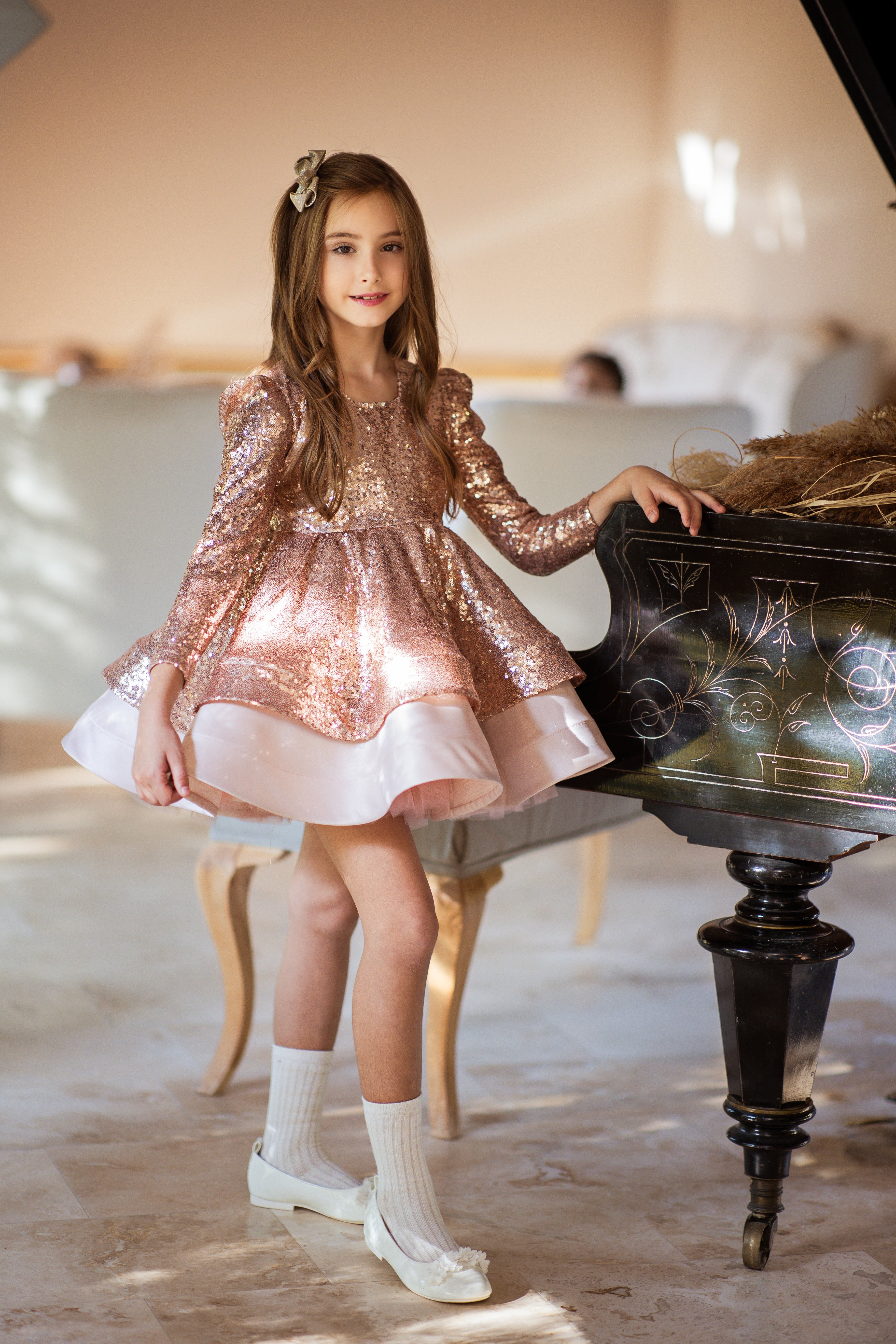 Charming Rose Gold Sequin Dress for Girls